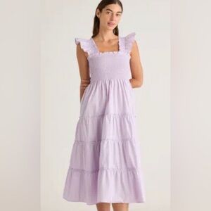 Quince Lilac 100% Organic Cotton Poplin Smocked Tiered Midi Dress Size Large